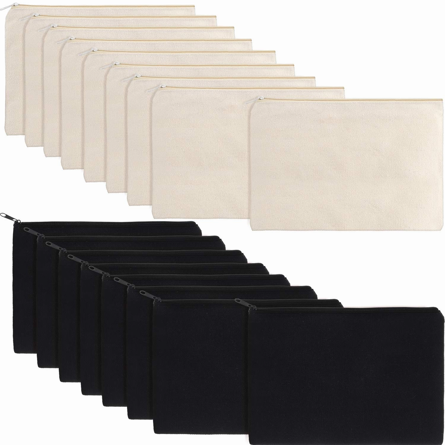 meekoo 16 Pack Canvas Blank Makeup Bags Plain Zipper Cosmetics Pouch Sublimation DIY Craft Multipurpose Toiletry Bag for Makeup Travel Cosmetic Pen Pencil Stationary Storage (L, Beige and Black)