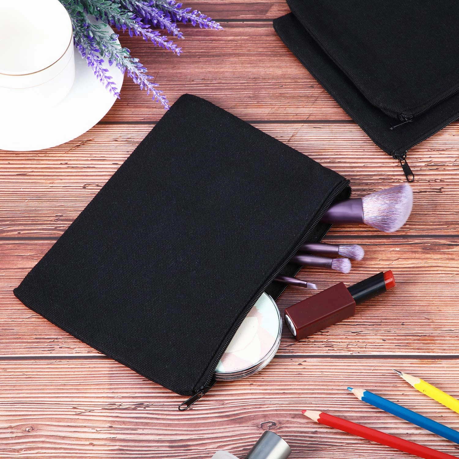meekoo 16 Pack Canvas Blank Makeup Bags Plain Zipper Cosmetics Pouch Sublimation DIY Craft Multipurpose Toiletry Bag for Makeup Travel Cosmetic Pen Pencil Stationary Storage (L, Beige and Black)