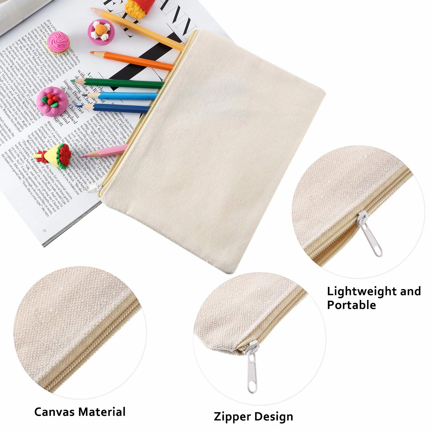 meekoo 16 Pack Canvas Blank Makeup Bags Plain Zipper Cosmetics Pouch Sublimation DIY Craft Multipurpose Toiletry Bag for Makeup Travel Cosmetic Pen Pencil Stationary Storage (L, Beige and Black)