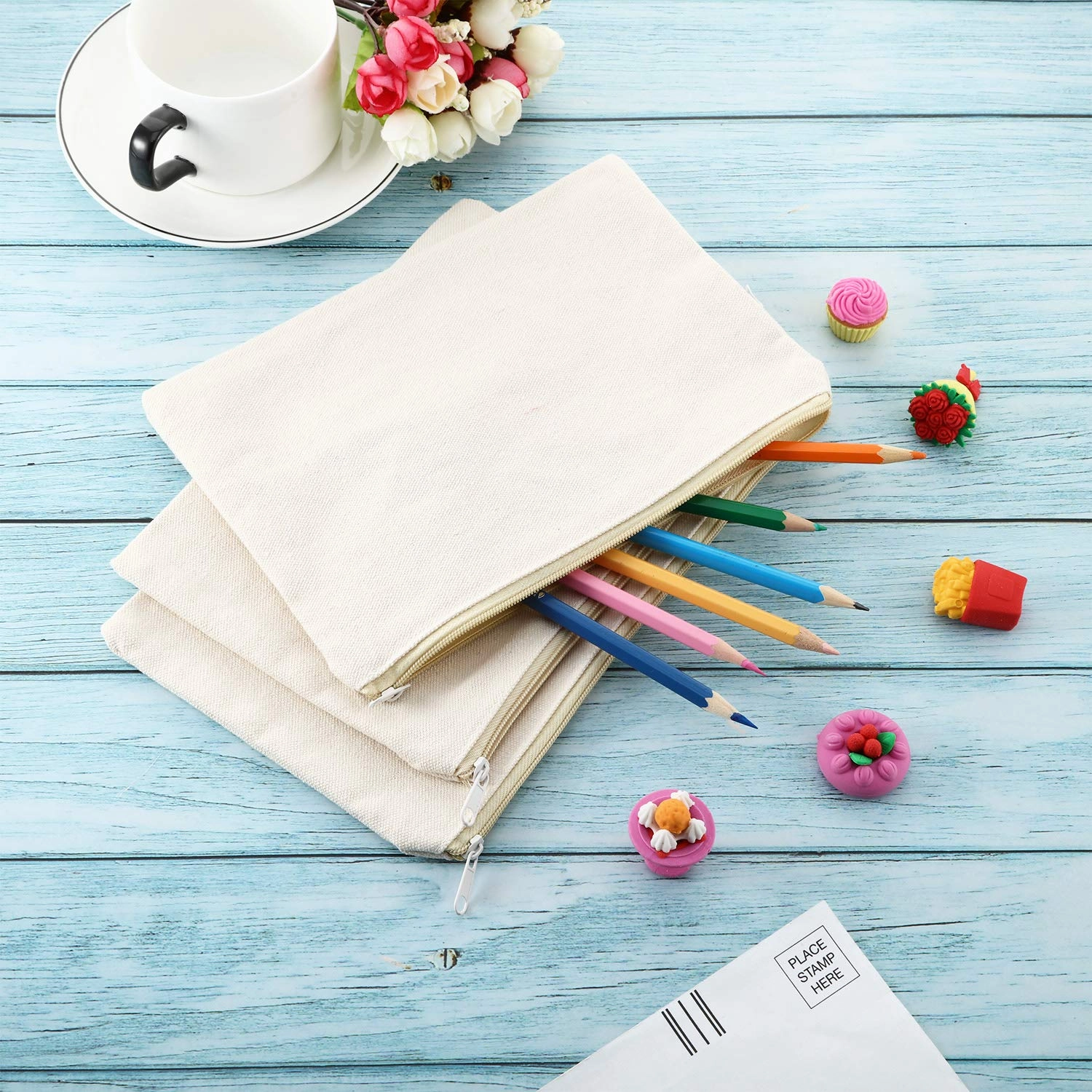 meekoo 16 Pack Canvas Blank Makeup Bags Plain Zipper Cosmetics Pouch Sublimation DIY Craft Multipurpose Toiletry Bag for Makeup Travel Cosmetic Pen Pencil Stationary Storage (L, Beige and Black)