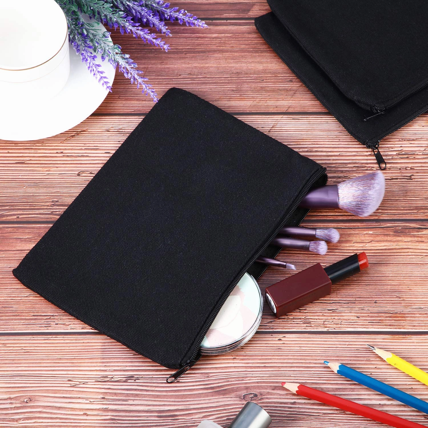 meekoo 16 Pack Canvas Blank Makeup Bags Plain Zipper Cosmetics Pouch Sublimation DIY Craft Multipurpose Toiletry Bag for Makeup Travel Cosmetic Pen Pencil Stationary Storage (L, Black)