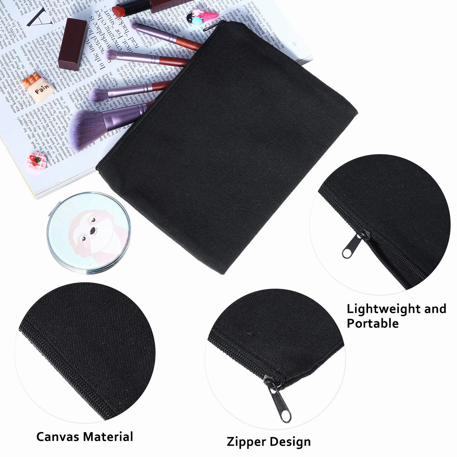meekoo 16 Pack Canvas Blank Makeup Bags Plain Zipper Cosmetics Pouch Sublimation DIY Craft Multipurpose Toiletry Bag for Makeup Travel Cosmetic Pen Pencil Stationary Storage (L, Black)