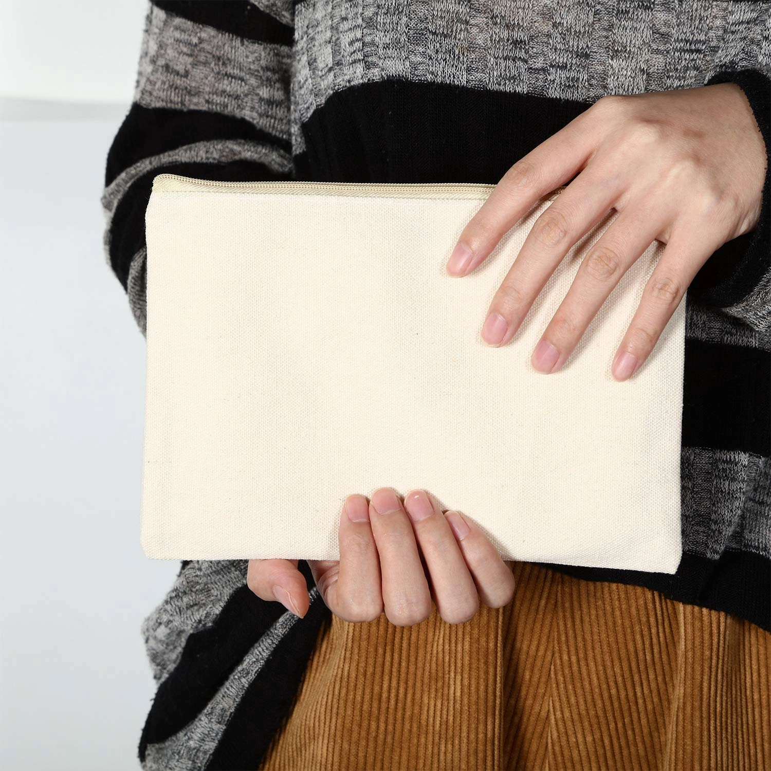 meekoo 16 Pack Canvas Blank Makeup Bags Plain Zipper Cosmetics Pouch Sublimation DIY Craft Multipurpose Toiletry Bag for Makeup Travel Cosmetic Stationary Storage(L,Beige)