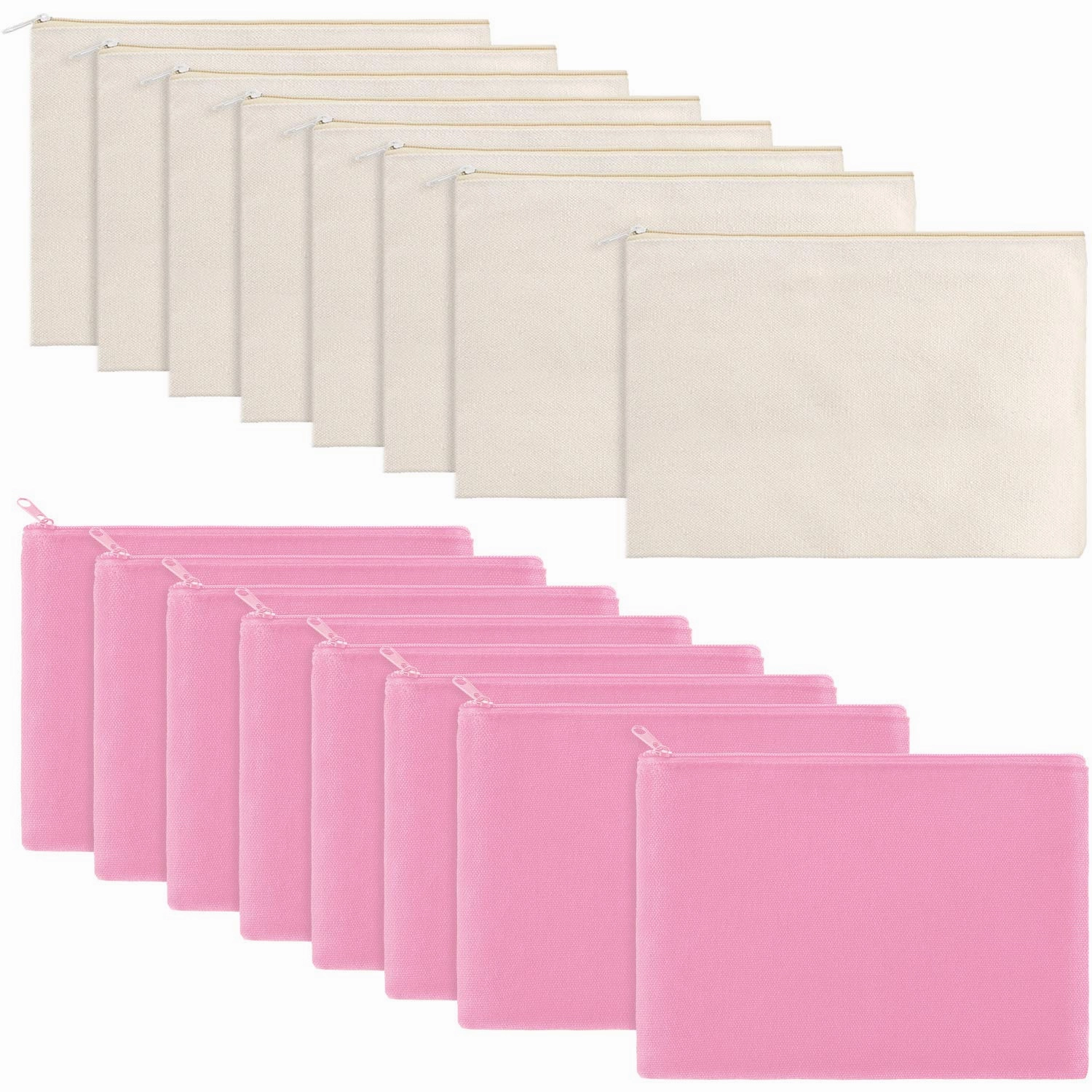 meekoo 16 Pack Canvas Blank Makeup Bags Plain Zipper Cosmetics Pouch Sublimation DIY Craft Multipurpose Toiletry Bag for Makeup Travel Cosmetic Stationary Storage(L,Beige and Pink)