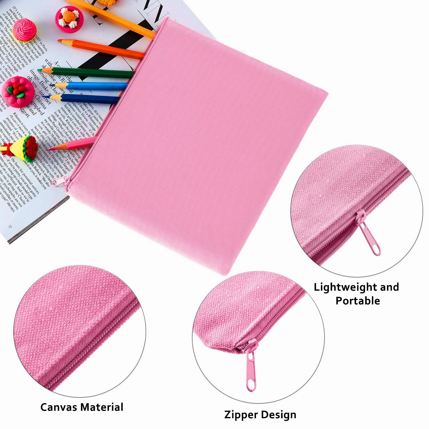 meekoo 16 Pack Canvas Blank Makeup Bags Plain Zipper Cosmetics Pouch Sublimation DIY Craft Multipurpose Toiletry Bag for Makeup Travel Cosmetic Stationary Storage(L,Beige and Pink)