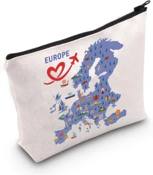 MEIKIUP Europe Travel Gift Europe Travel Cosmetic Bag Gift for Travelers European Vacation Gift Europe Paris Rome Barcelona Honeymoon Gift (Map Europe Bag)