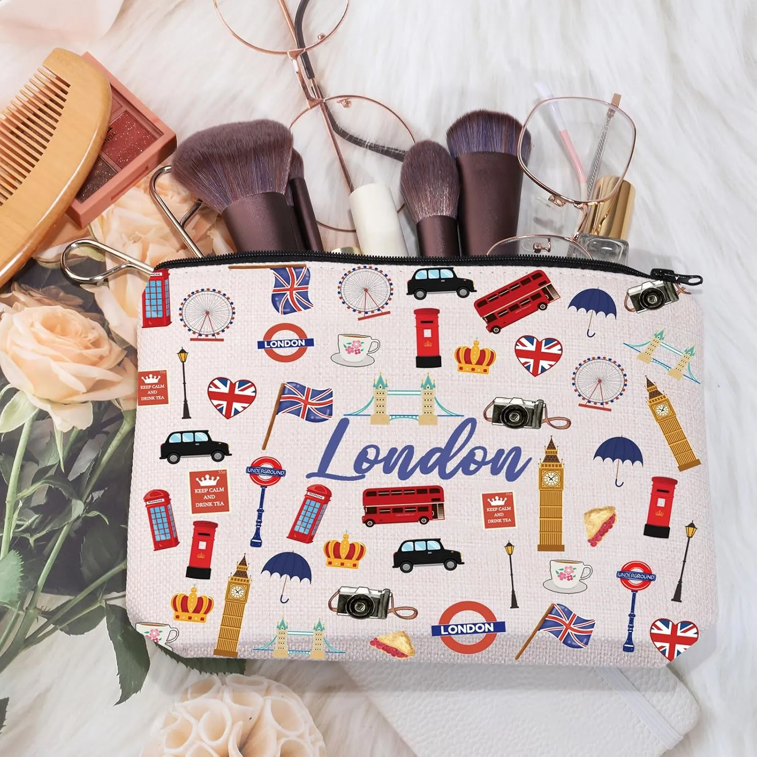 MEIKIUP London Travel Gift London Makeup Bag London Travel Toiletry Bag London Themed Zipper Pouch Souvenir (London Bag)