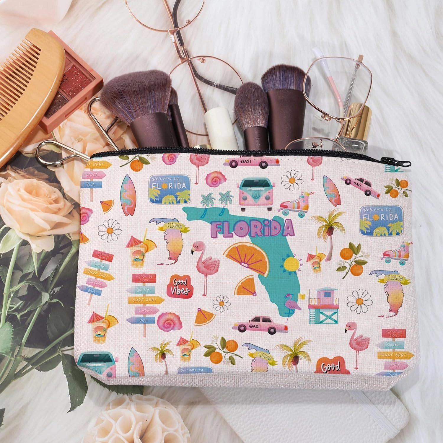 MEIKIUP Florida Travel Gift Florida Travel Makeup Bag Florida Lover Zipper Pouch Miami Florida Souvenirs Gift