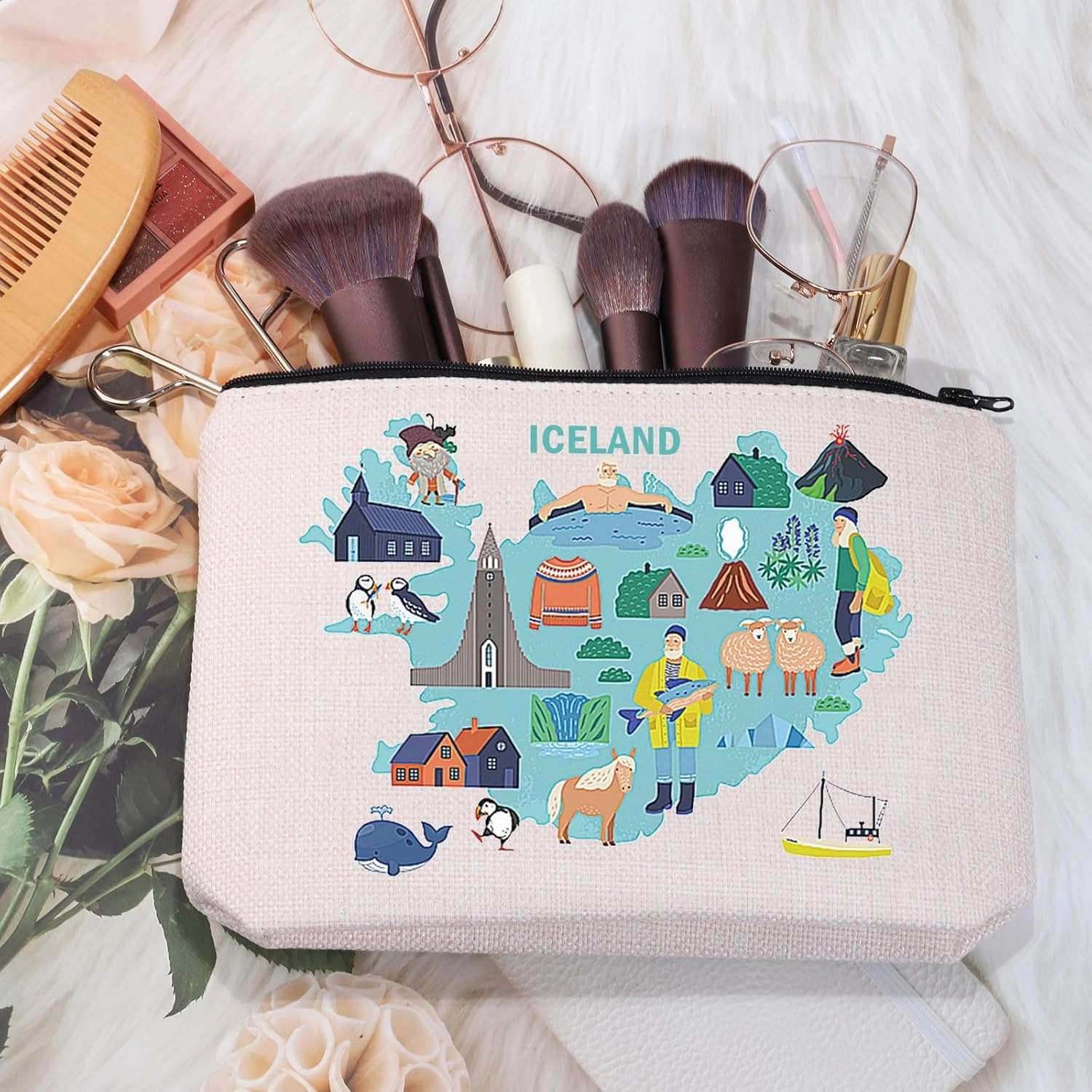 MEIKIUP Iceland Travel Cosmetic Bag - Map, Northern Lights Gifts, Souvenirs