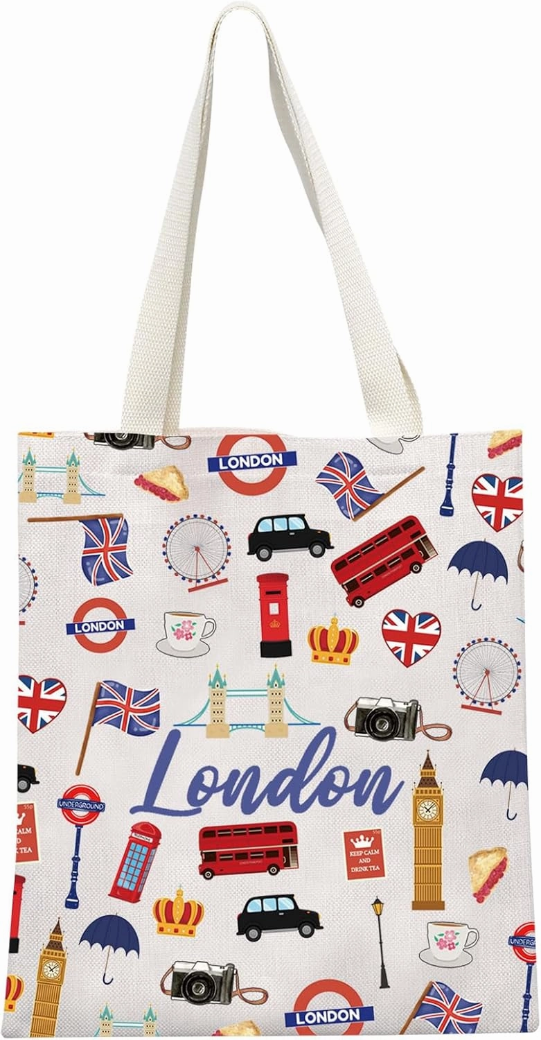 MEIKIUP London Travel Gift London Makeup Bag London Travel Toiletry Bag London Themed Zipper Pouch Souvenir (London Tote Bag)