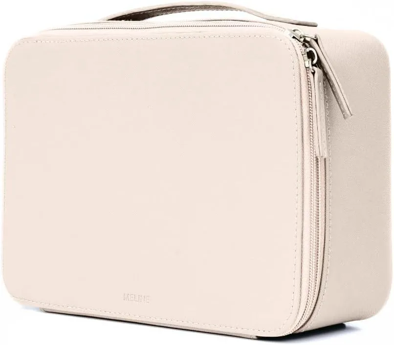 MELINE Leather Makeup Bag with Brush Holder,Travel Cosmetic Case for Women,Large Capacity Waterproof Toiletry Bag with Handle,Stylish and Durable Makeup Organizer (Beige)