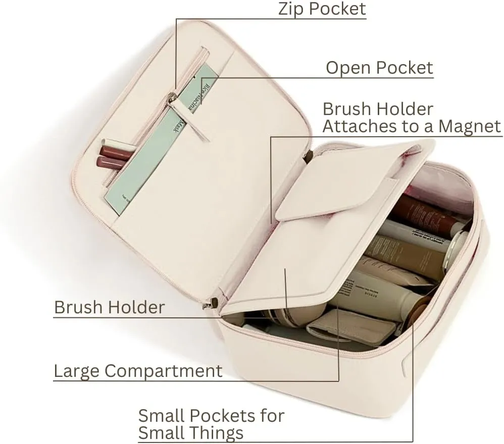 MELINE Leather Makeup Bag with Brush Holder,Travel Cosmetic Case for Women,Large Capacity Waterproof Toiletry Bag with Handle,Stylish and Durable Makeup Organizer (Beige)