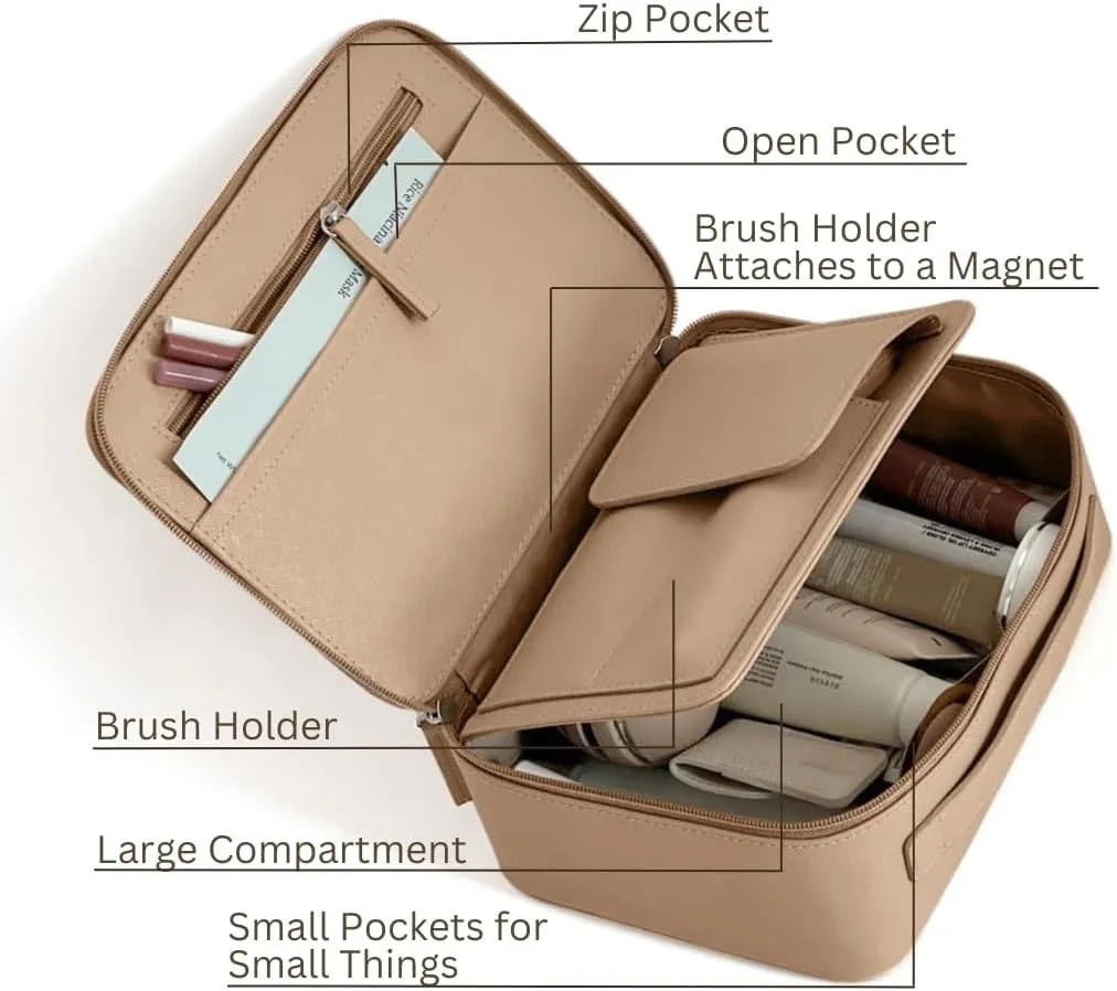 MELINE Leather Makeup Bag with Brush Holder,Travel Cosmetic Case for Women,Large Capacity Waterproof Toiletry Bag with Handle,Stylish and Durable Makeup Organizer (Khaki Brown)