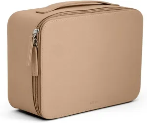 MELINE Leather Makeup Bag with Brush Holder,Travel Cosmetic Case for Women,Large Capacity Waterproof Toiletry Bag with Handle,Stylish and Durable Makeup Organizer (Khaki Brown)