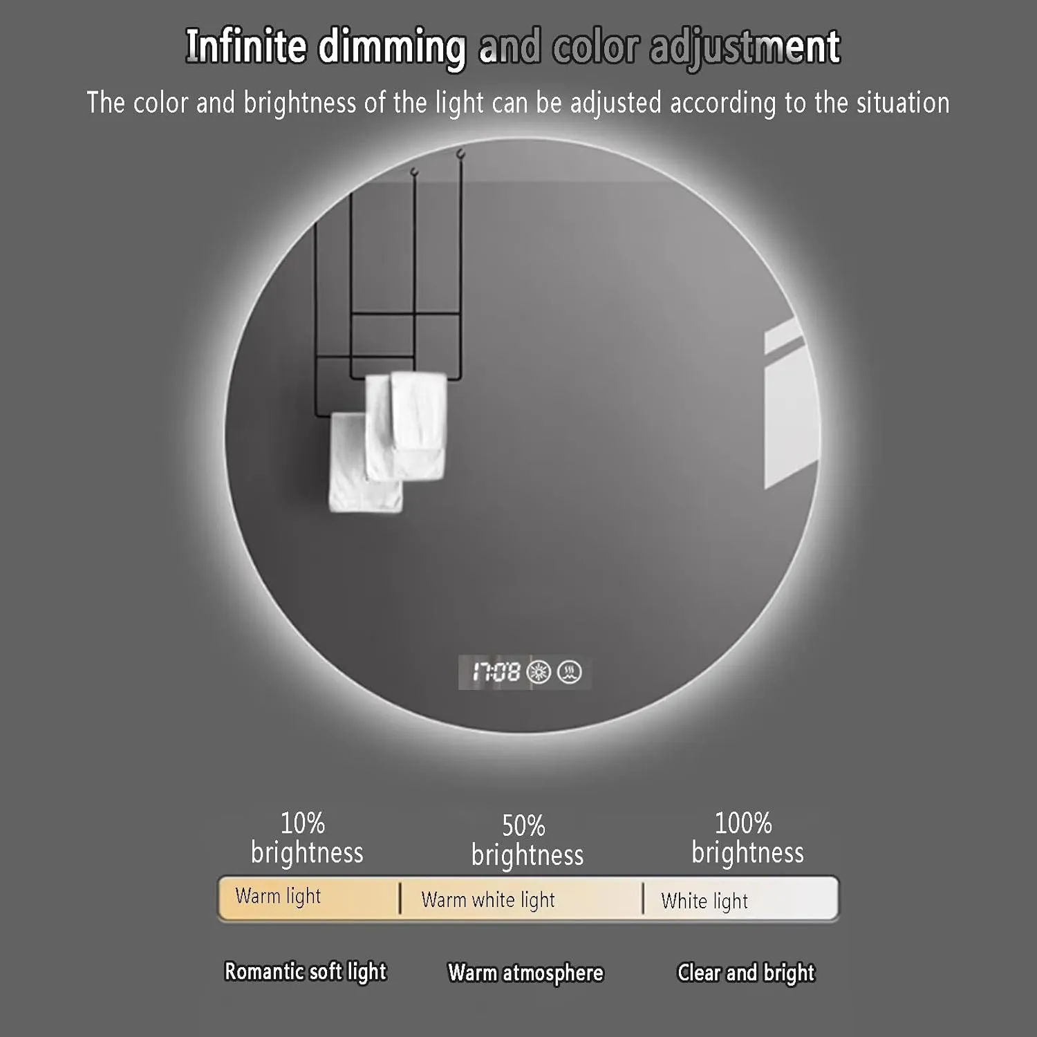 Modern Smart Makeup Mirror, Anti-Fog Film, Wall Mounted LED Vanity Mirror, 3-Color Lighting, Time and Temperature Display, Aluminum Alloy Frame