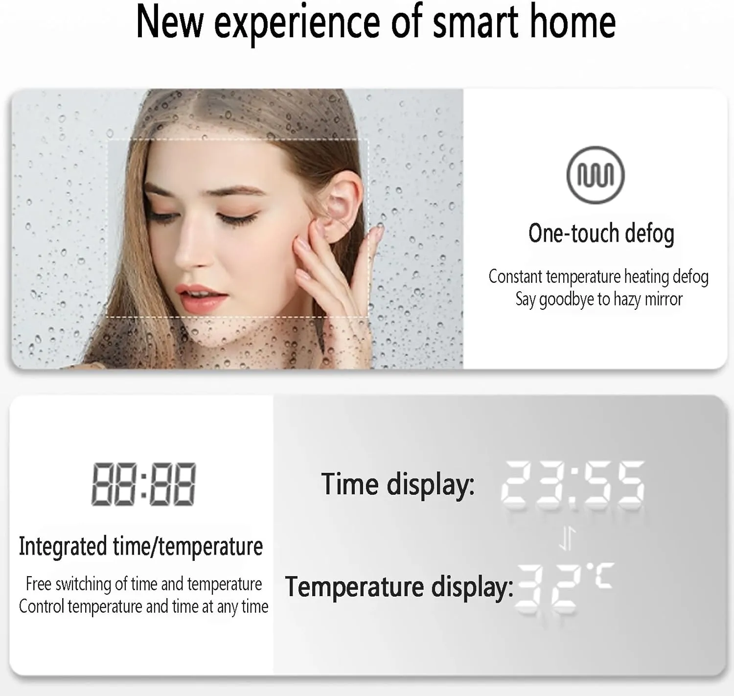 Modern Smart Makeup Mirror, Anti-Fog Film, Wall Mounted LED Vanity Mirror, 3-Color Lighting, Time and Temperature Display, Aluminum Alloy Frame