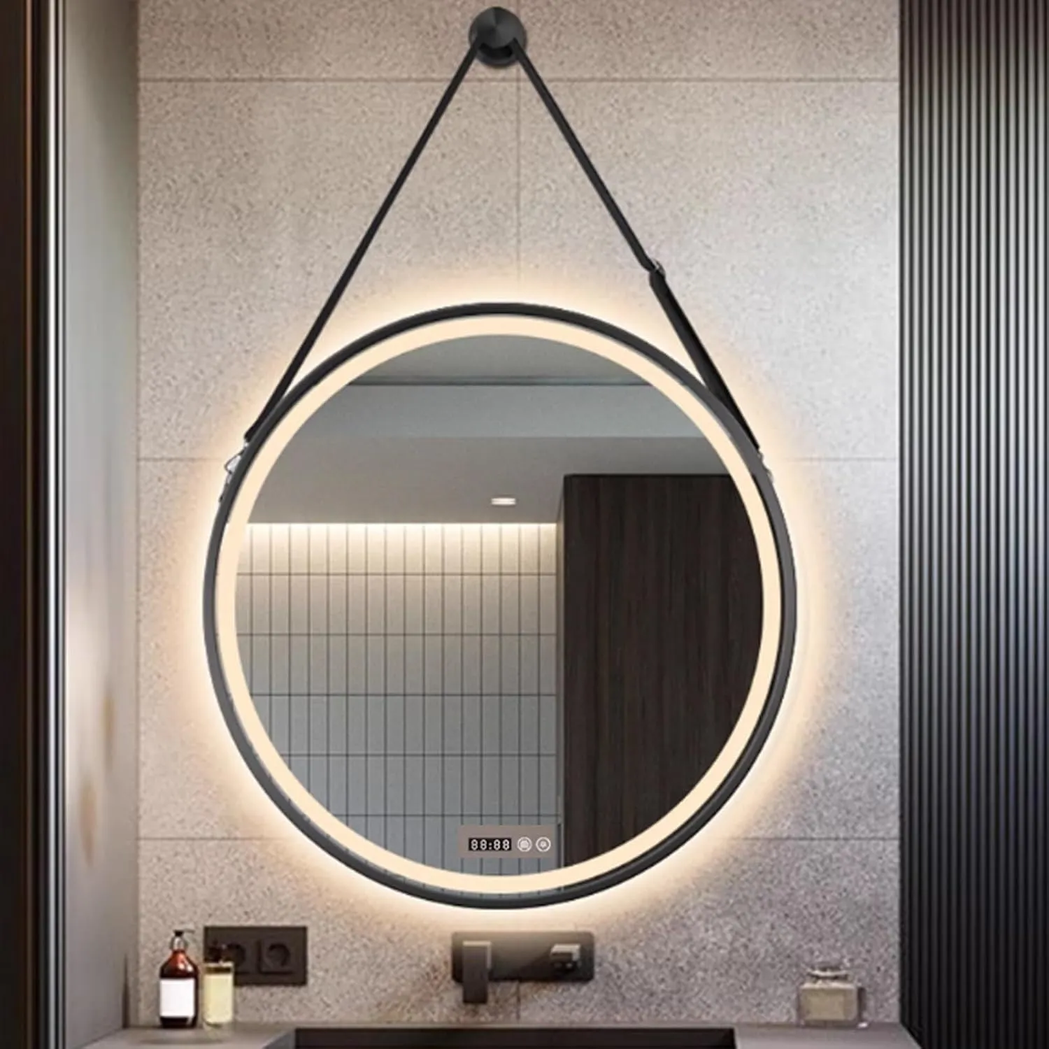 Modern Smart Makeup Mirror, Anti-Fog Film, Wall Mounted LED Vanity Mirror, 3-Color Lighting, Time and Temperature Display, Aluminum Alloy Frame