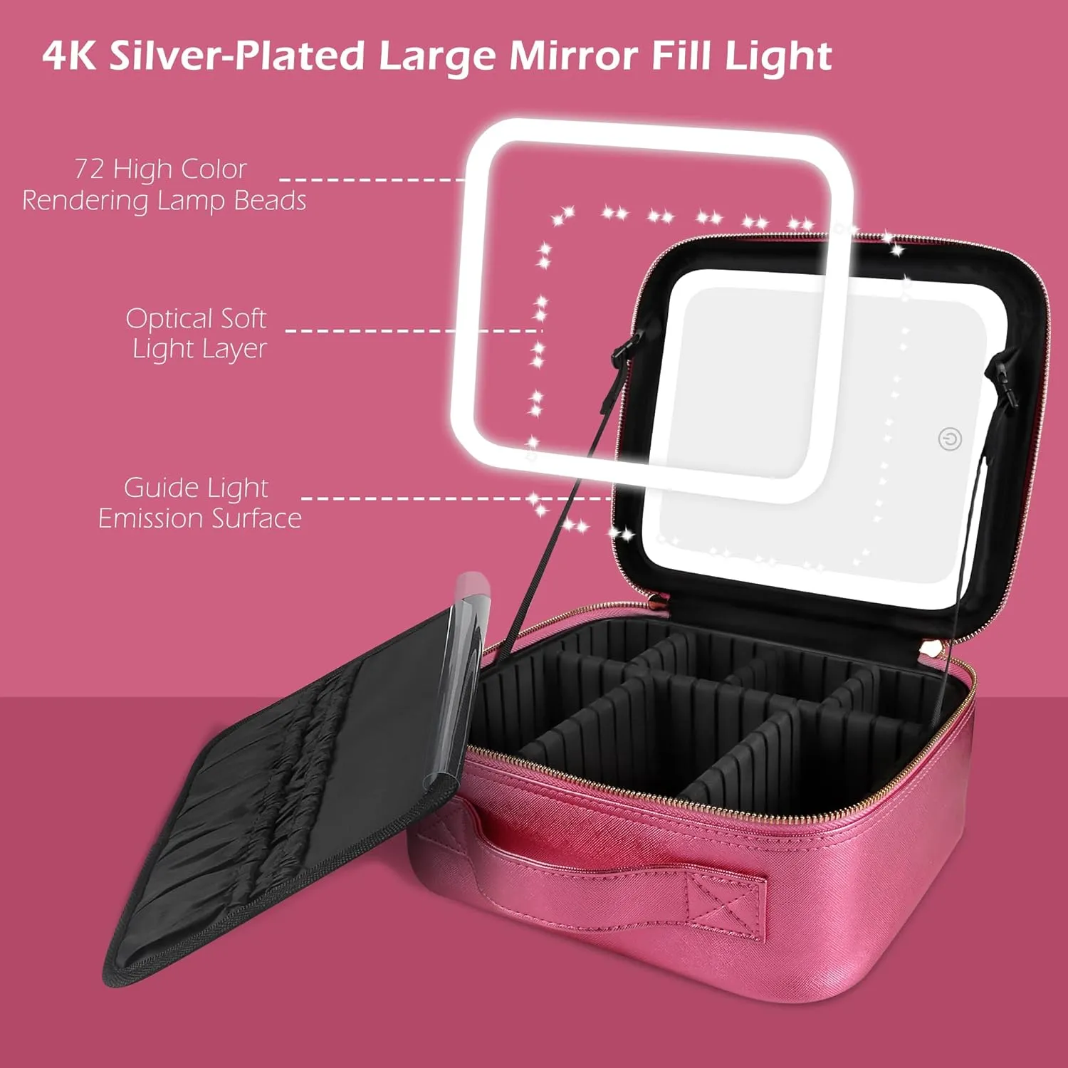 MOMIRA Travel Makeup Bag Cosmetic Bag Makeup Organizer Bag with Lighted Mirror, Adjustable Brightness in 3 Color Scenarios, Waterproof Makeup Train Case, Gift for Women - Brilliant Rose