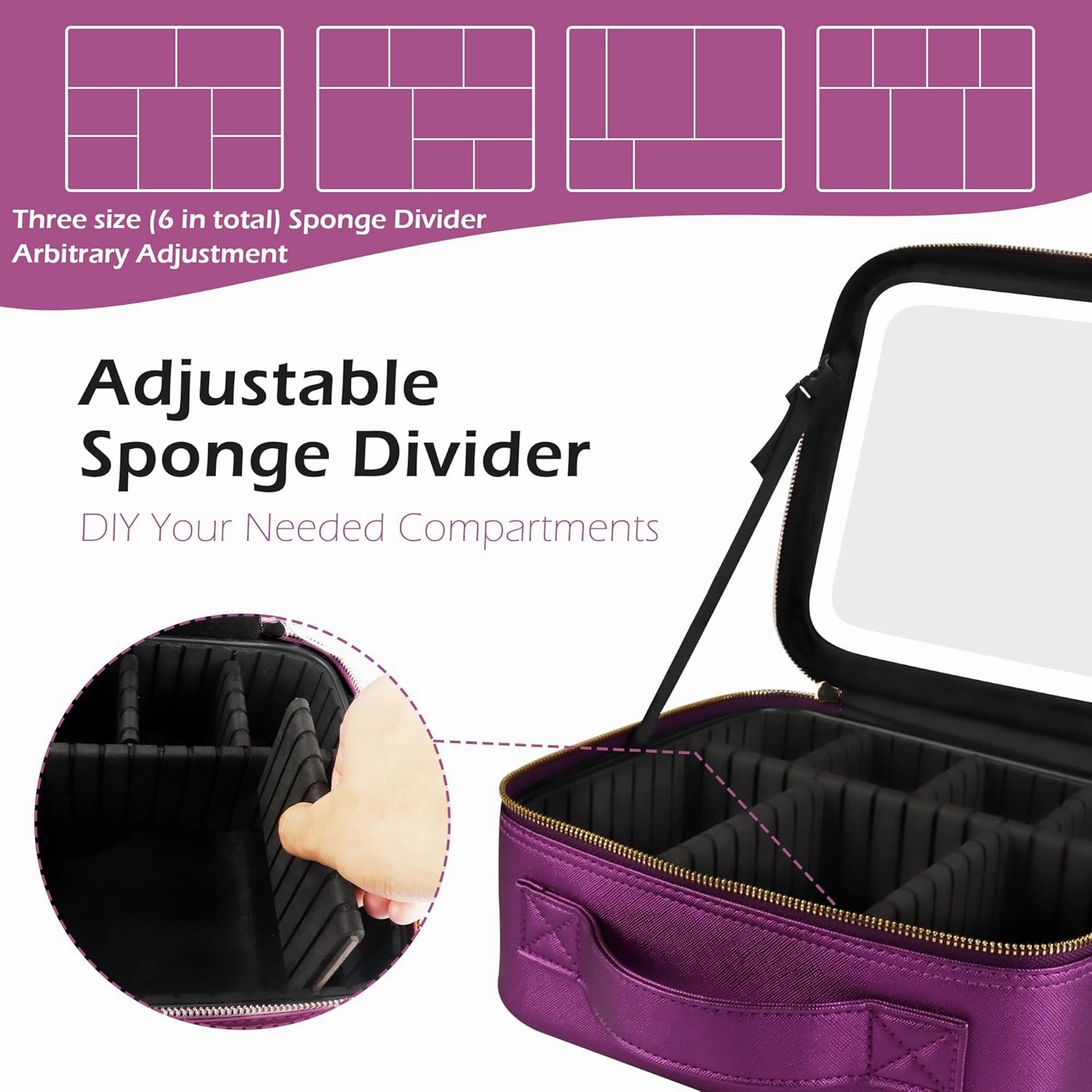 MOMIRA Travel Makeup Bag Cosmetic Bag Makeup Organizer Bag with Lighted Mirror, Adjustable Brightness in 3 Color Scenarios, Waterproof Makeup Train Case, Gift for Women - Brilliant Purple