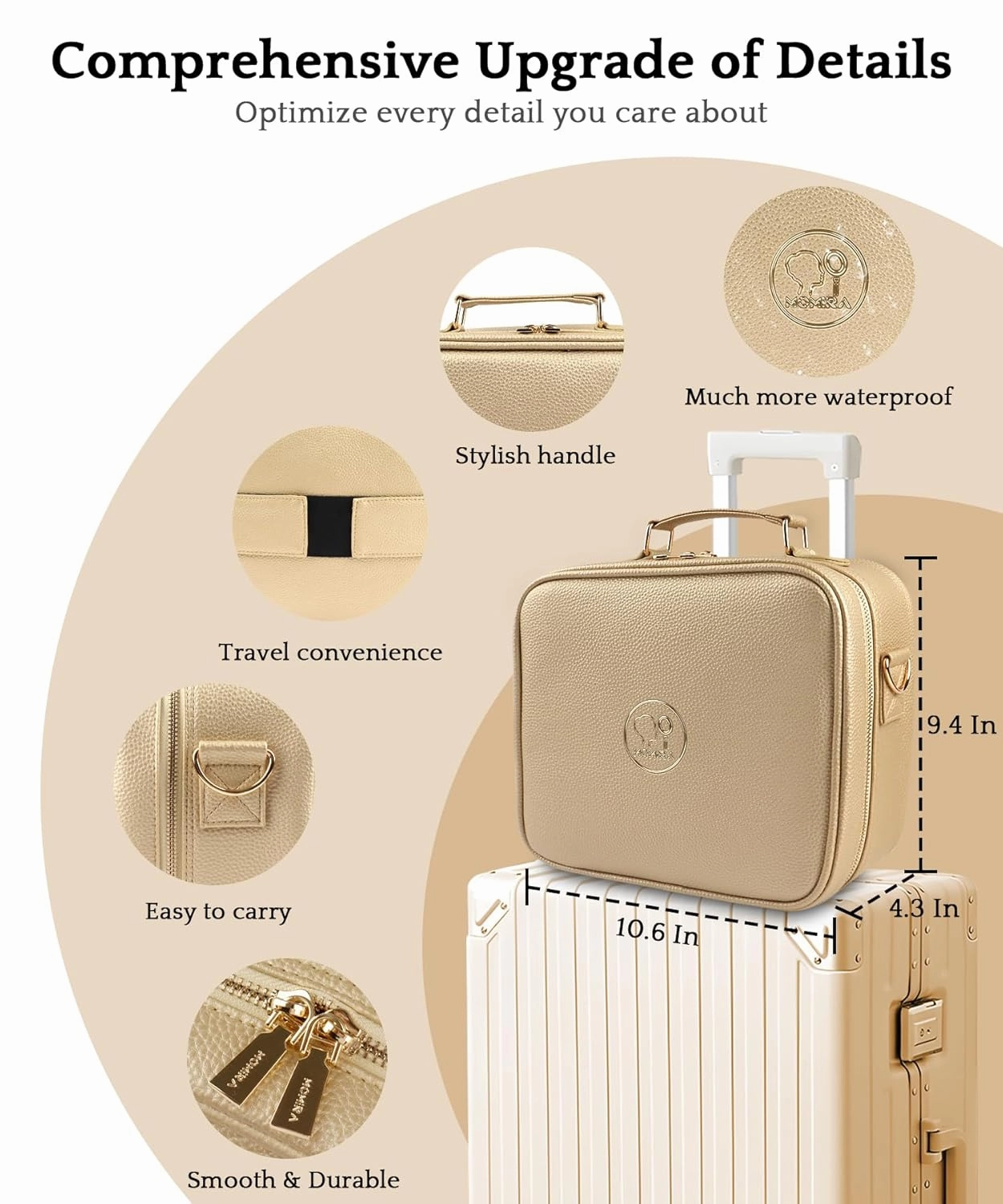 MOMIRA Travel Makeup Bag Cosmetic Bag with Lighted Mirror, Adjustable Brightness in 3 Color Scenarios/Detachable makeup mirror, All-round Upgrade, Waterproof, Gift for Women -Gold