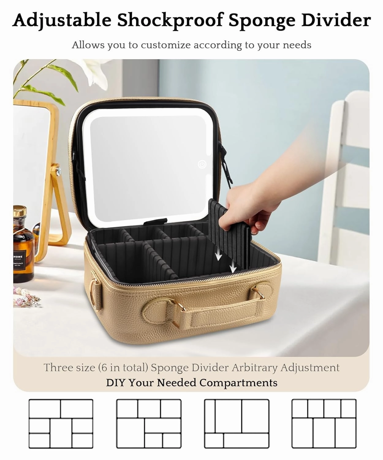 MOMIRA Travel Makeup Bag Cosmetic Bag with Lighted Mirror, Adjustable Brightness in 3 Color Scenarios/Detachable makeup mirror, All-round Upgrade, Waterproof, Gift for Women -Gold