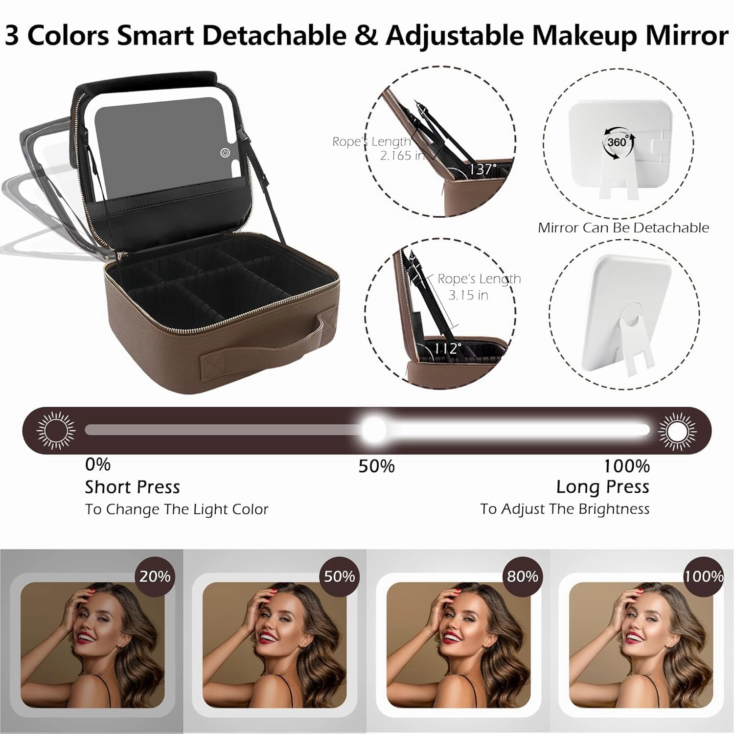 MOMIRA Travel Makeup Bag Cosmetic Bag with Lighted Mirror, Adjustable Brightness in 3 Color Scenarios, Waterproof, 10x Magnifying Mirror, Rotatable Independent Light Mirror- Brown(Solid)