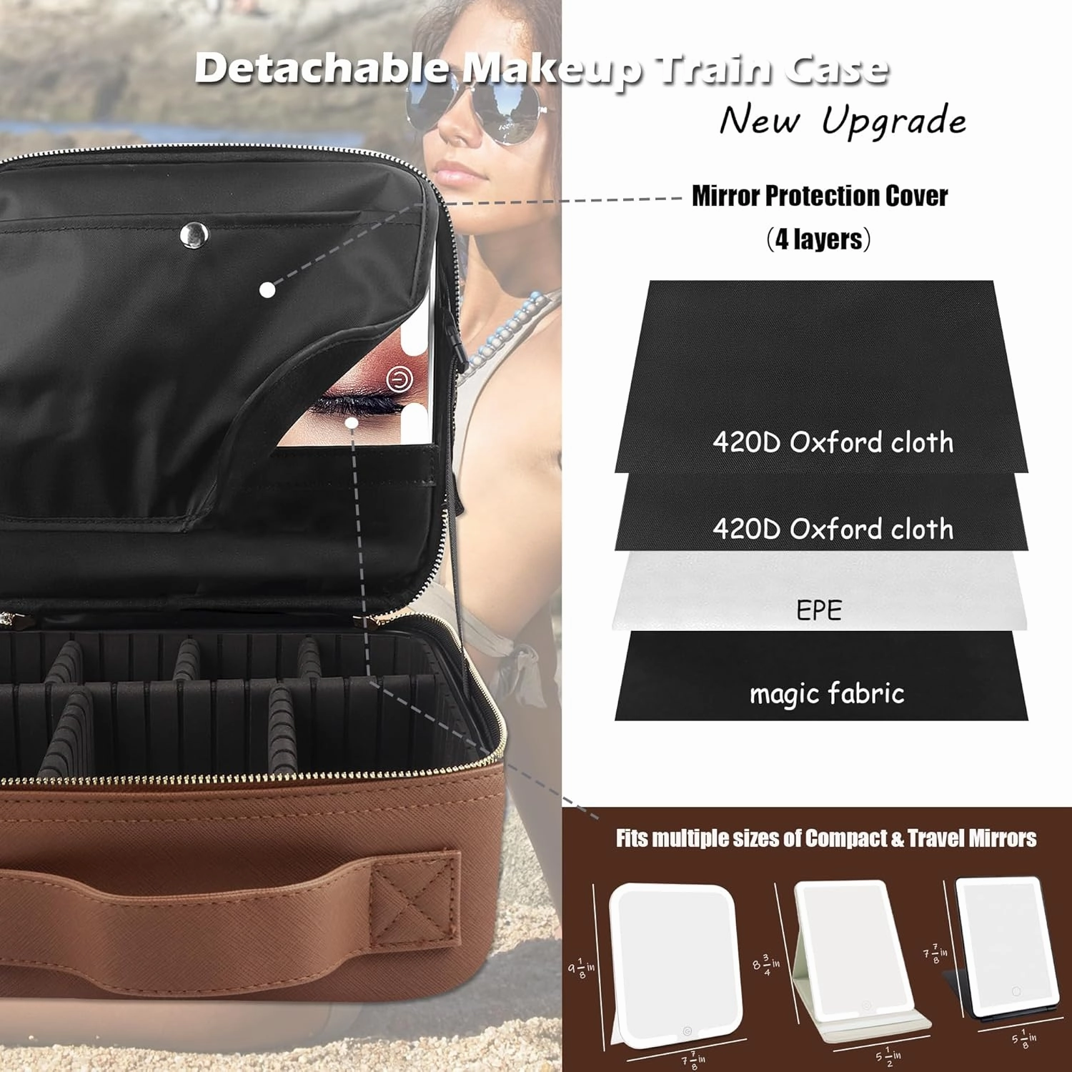 MOMIRA Travel Makeup Bag Cosmetic Bag with Lighted Mirror, Adjustable Brightness in 3 Color Scenarios, Waterproof, 10x Magnifying Mirror, Rotatable Independent Light Mirror- Brown(Solid)