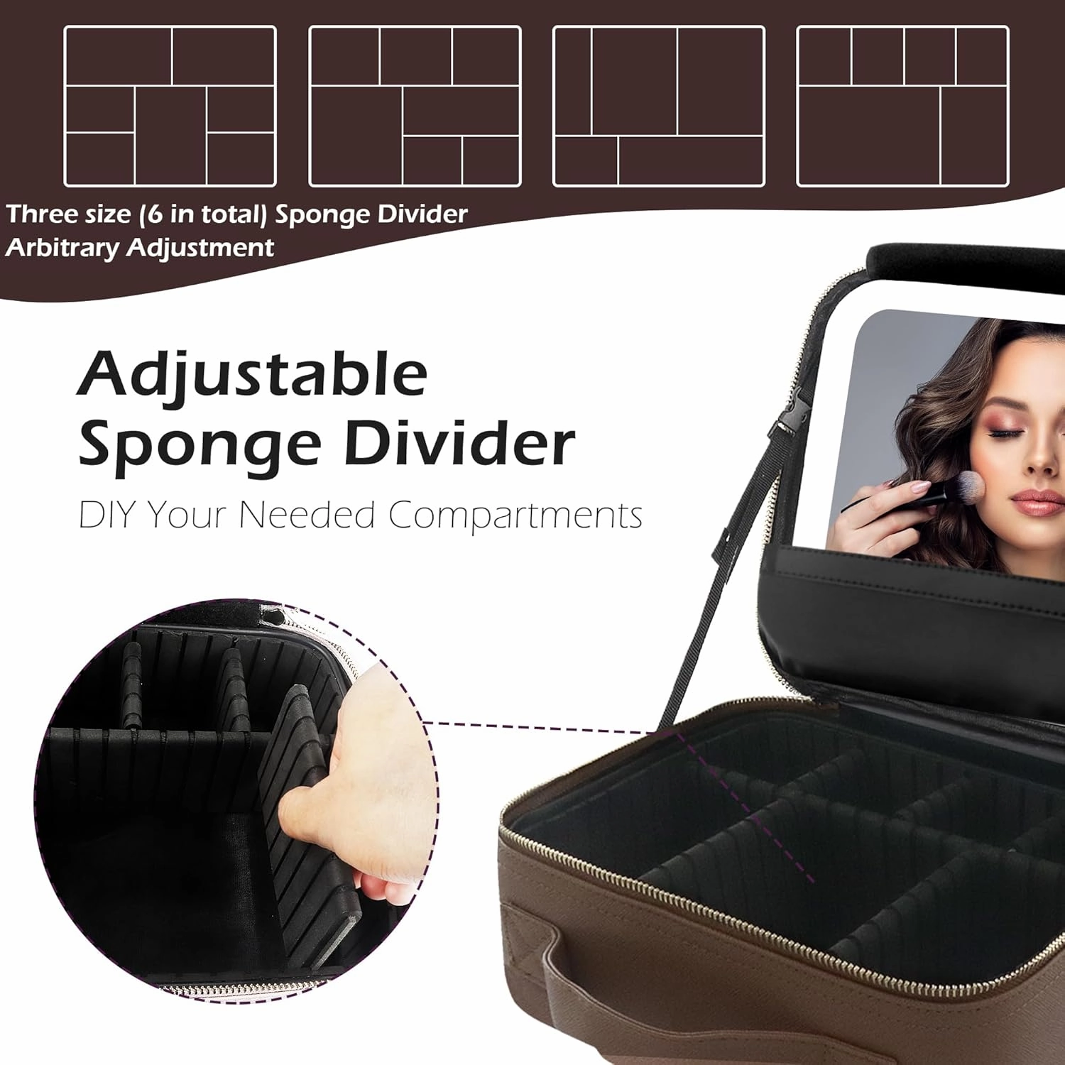 MOMIRA Travel Makeup Bag Cosmetic Bag with Lighted Mirror, Adjustable Brightness in 3 Color Scenarios, Waterproof, 10x Magnifying Mirror, Rotatable Independent Light Mirror- Brown(Solid)