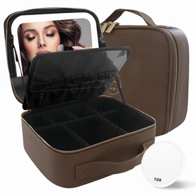 MOMIRA Travel Makeup Bag Cosmetic Bag with Lighted Mirror, Adjustable Brightness in 3 Color Scenarios, Waterproof, 10x Magnifying Mirror, Rotatable Independent Light Mirror- Brown(Solid)