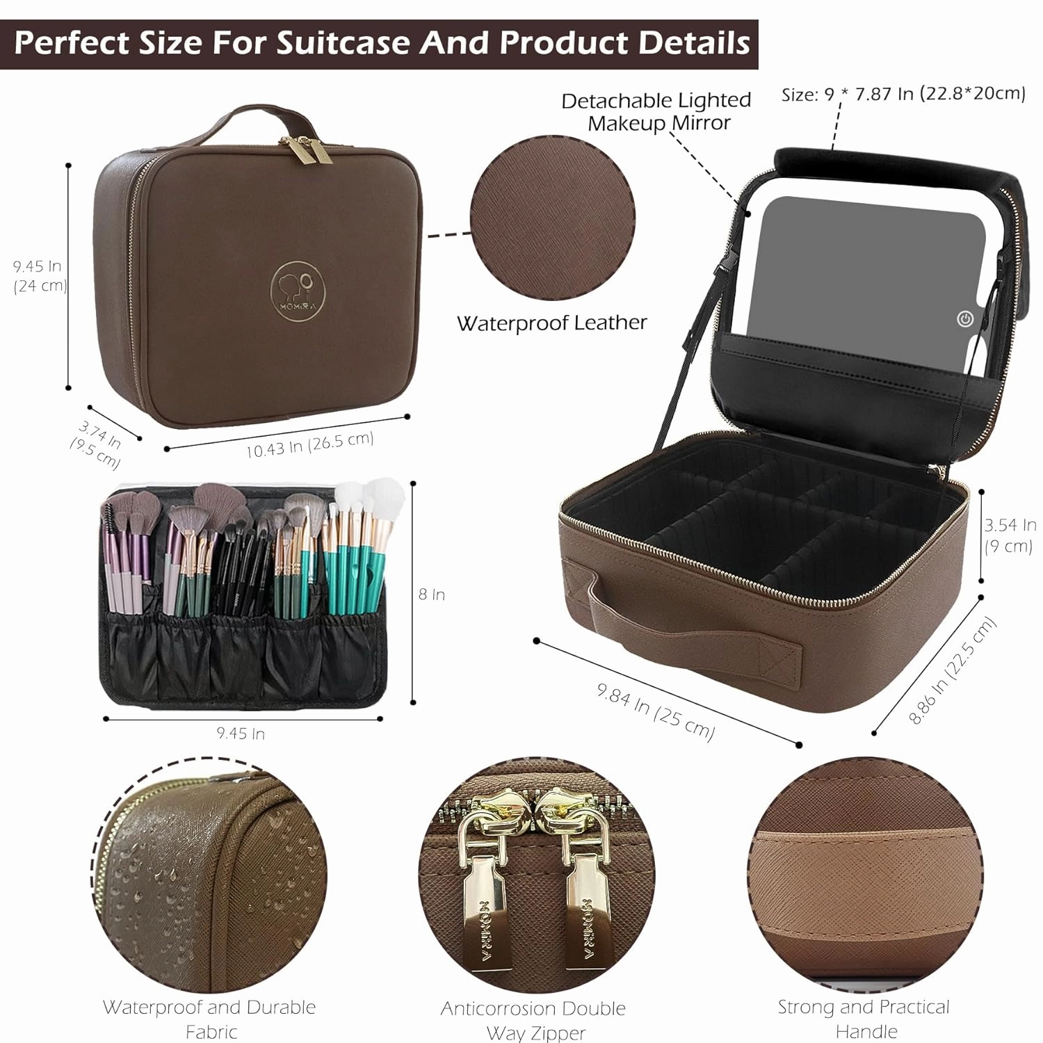 MOMIRA Travel Makeup Bag Cosmetic Bag with Lighted Mirror, Adjustable Brightness in 3 Color Scenarios, Waterproof, 10x Magnifying Mirror, Rotatable Independent Light Mirror- Brown(Solid)