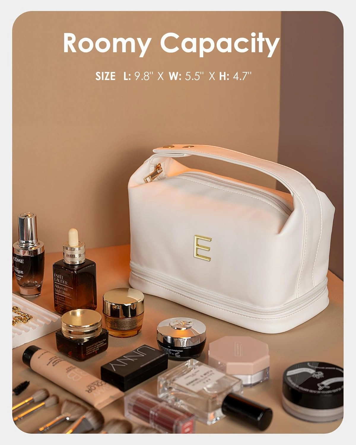 Monogrammed Gift for Women Girls, Initial Makeup Bag, Personalized Double Layer Cosmetic Bag with Makeup Brush Organizer, Large Capacity PU Leather Travel Toiletry Bag, Sister Gifts