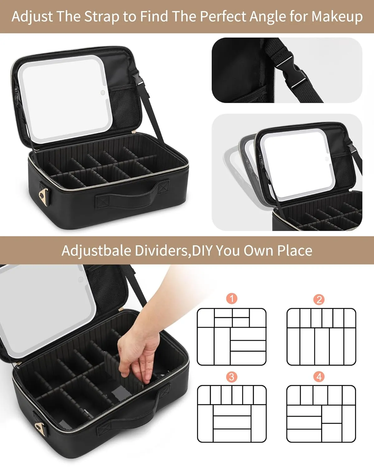 MONSTINA Makeup Bag with LED Mirror,Makeup Case with Lighted Mirror Professional Makeup Artist Organizer Travel Bag with Adjustable Dividers,3 Light Brightness,Black