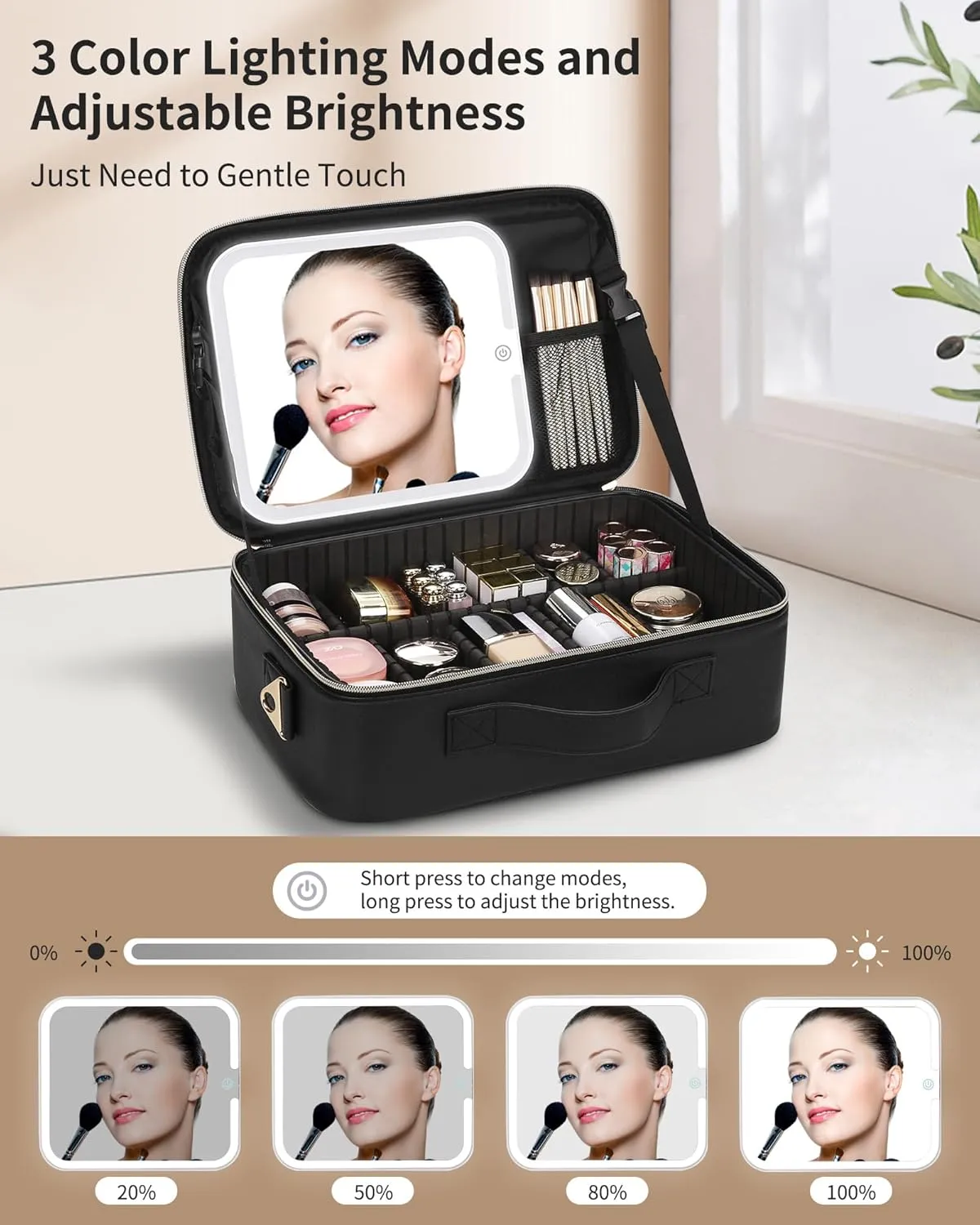 MONSTINA Makeup Bag with LED Mirror,Makeup Case with Lighted Mirror Professional Makeup Artist Organizer Travel Bag with Adjustable Dividers,3 Light Brightness,Black