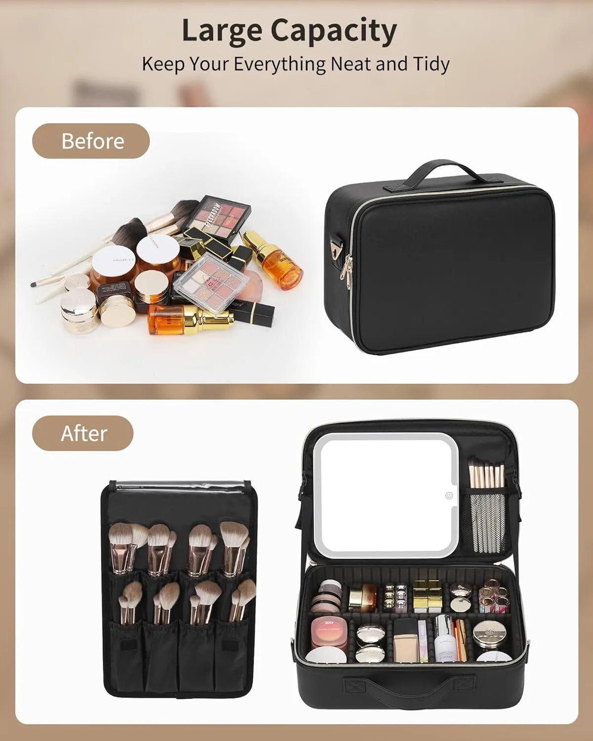 MONSTINA Makeup Bag with LED Mirror,Makeup Case with Lighted Mirror Professional Makeup Artist Organizer Travel Bag with Adjustable Dividers,3 Light Brightness,Black