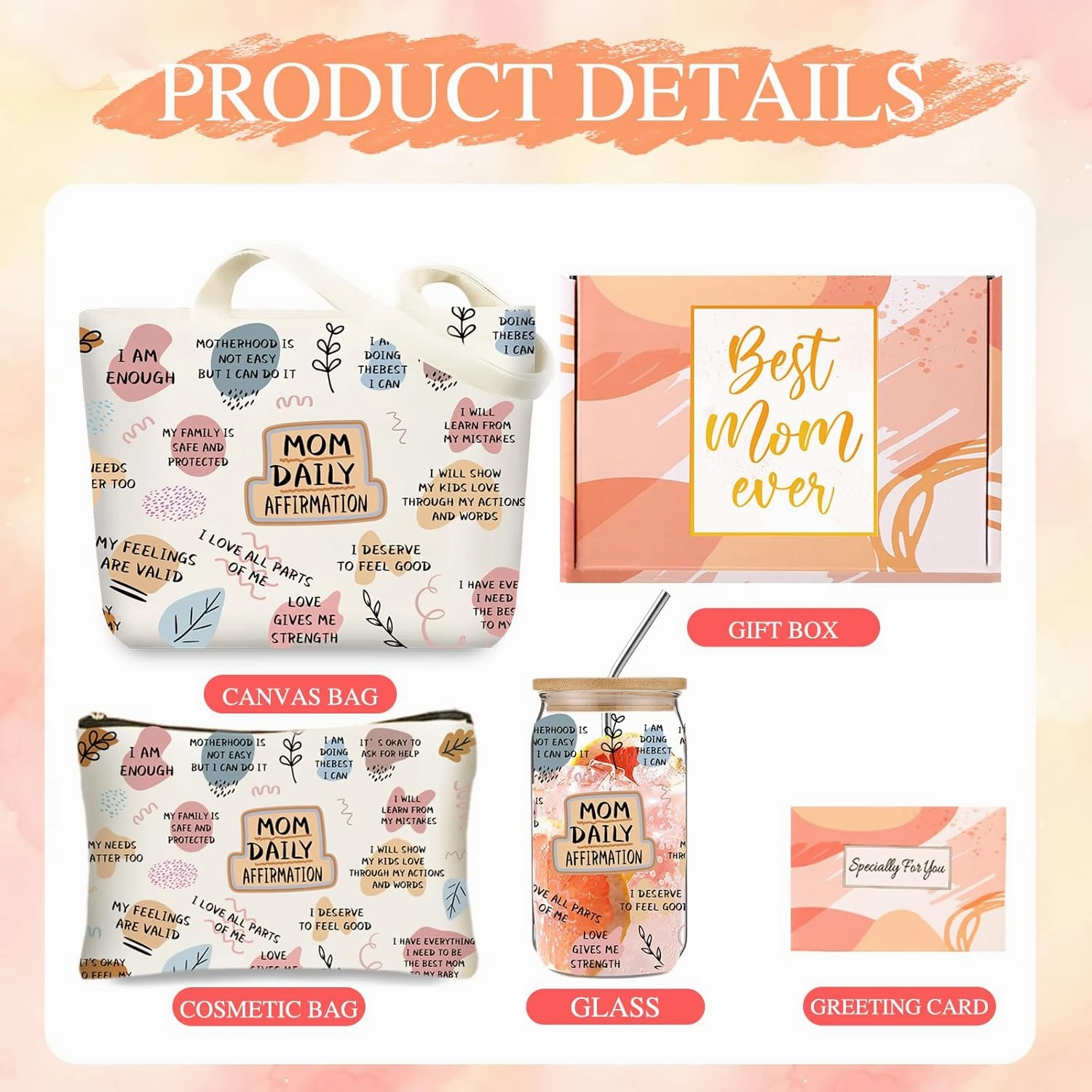 Mothers Day Gifts for Mom from Daughter Son, Unique Mom Canvas Tote Bag, Christmas Gifts for Mother in Law with 16oz Glass Cups, Birthday Gifts for Mama