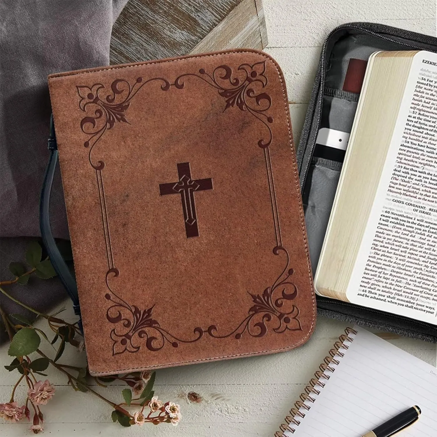 Mumeson Bible Cover Water Resistant PU Leather Handbag Tote Bag for Women Men Scripture Church Bag