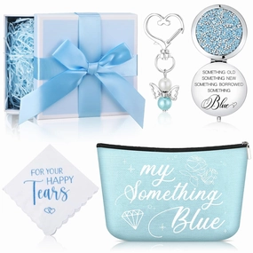 Mumufy 5 Pcs Something Blue Gift for Bride Bridal Shower Wedding Gifts for Bride to Be with Embroidered Handkerchief Raffia Box Bouquet Charm Bridal Cosmetic Bag Crystal Compact Mirror