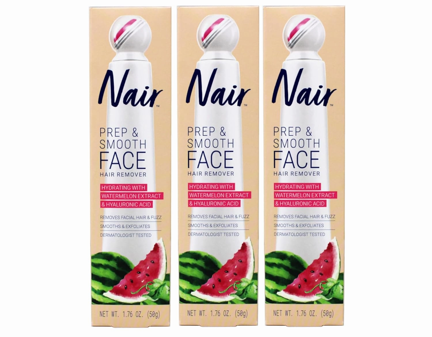 Nair Prep & Smooth Face Hair Remover, Hydrating with Watermelon Extract & Hyaluronic Acid, Removes Facial Hair & Fuzz, Smooths & Exfoliates, Dermatologist Tested, 1.76 oz (Pack of 3)