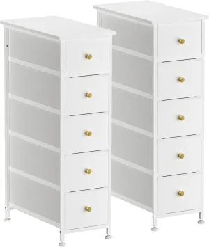 Narrow Dresser Set of 2, Slim Nightstands Set of 2, 5 Drawer Dresser for Bedroom, Bathroom, Vanity, Home Office, Tall Narrow Dresser with Faux Leather Drawers, Wood Top, White