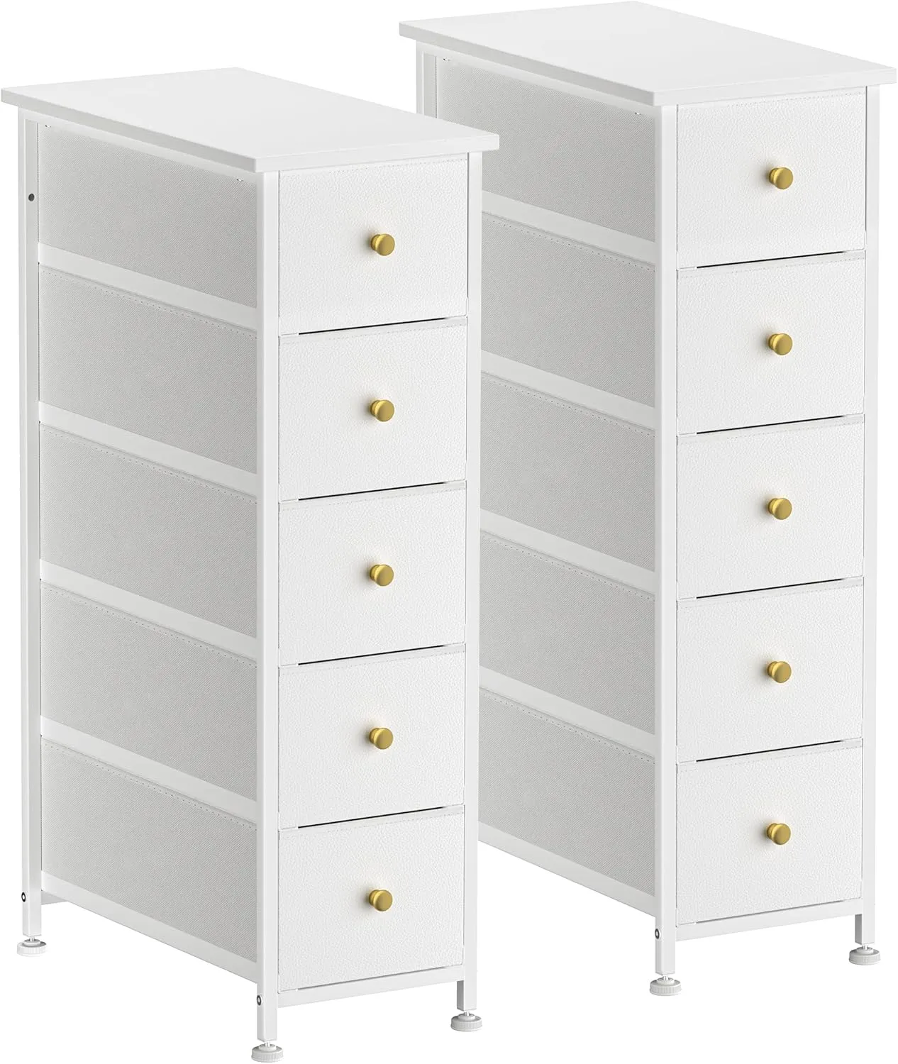 Narrow Dresser Set of 2, Slim Nightstands Set of 2, 5 Drawer Dresser for Bedroom, Bathroom, Vanity, Home Office, Tall Narrow Dresser with Faux Leather Drawers, Wood Top, White