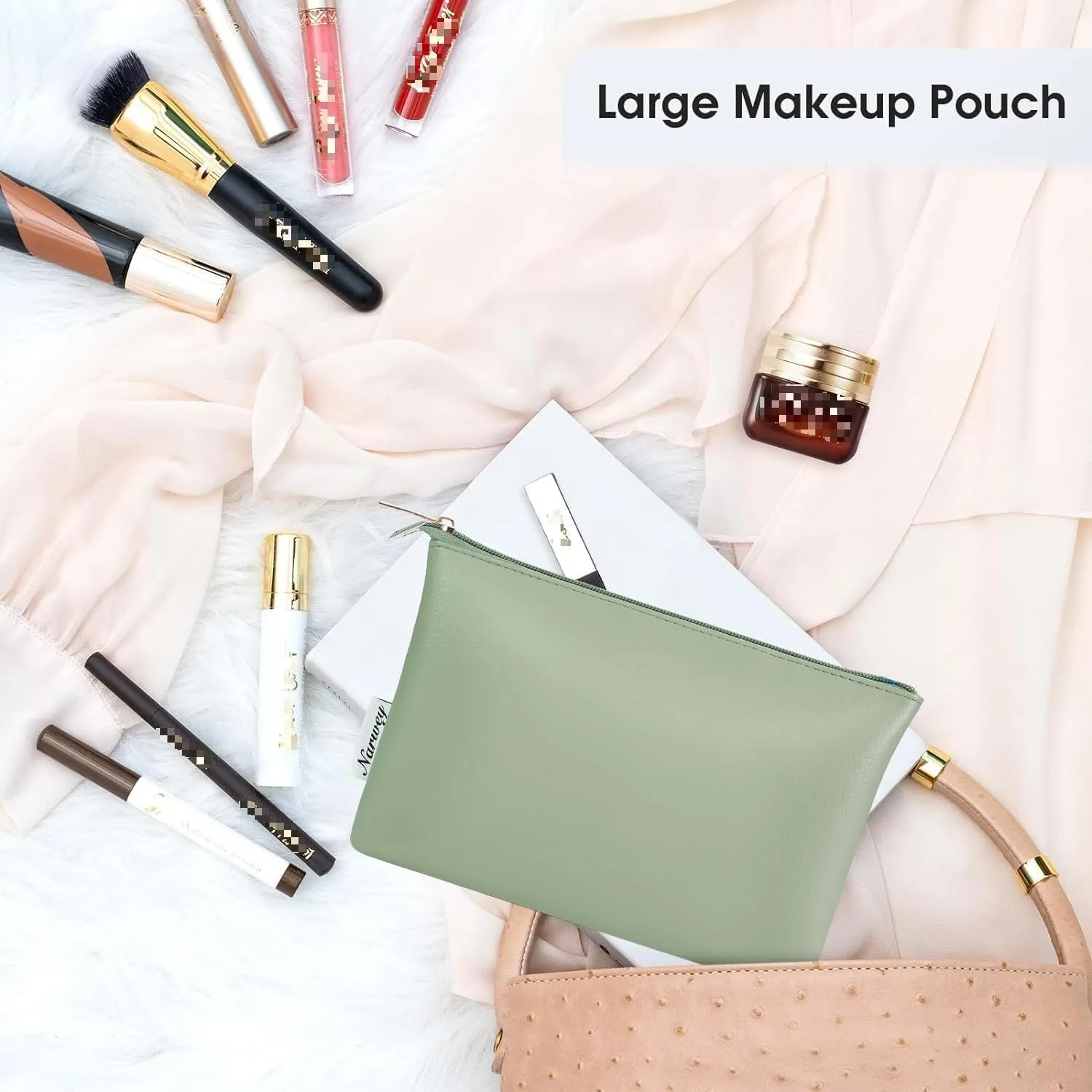 Narwey Small Makeup bag for Purse, Small Makeup Pouch for Purse Cosmetic Bag with Zipper, Cute PU Leather Make up Pouch for Women Girls (Mint Green)