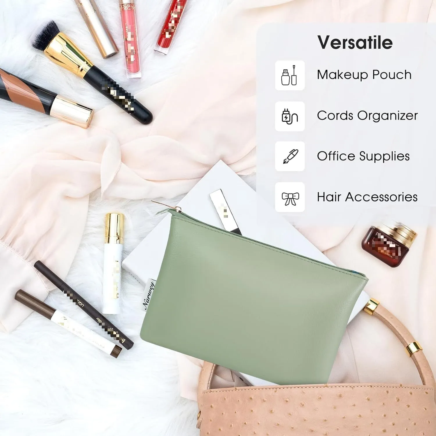 Narwey Small Makeup bag for Purse, Small Makeup Pouch for Purse Cosmetic Bag with Zipper, Cute PU Leather Make up Pouch for Women Girls (Mint Green)