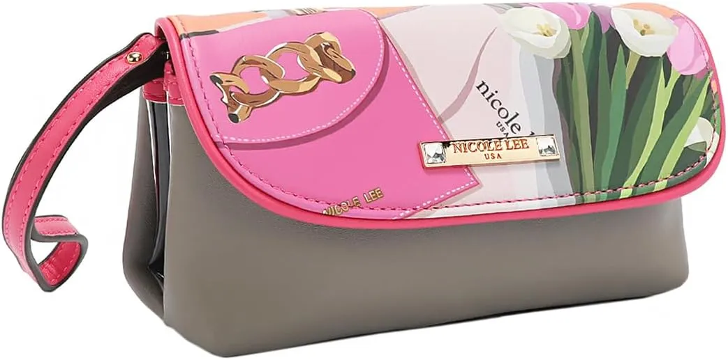 Nicole Lee Makeup Bag, Vegan Leather, 2 Clear Zip Compartments (VIOLET BLOSSOM)
