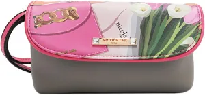 Nicole Lee Makeup Bag, Vegan Leather, 2 Clear Zip Compartments (VIOLET BLOSSOM)