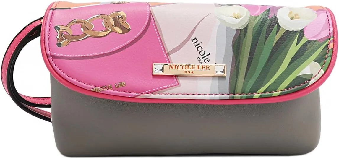 Nicole Lee Makeup Bag, Vegan Leather, 2 Clear Zip Compartments (VIOLET BLOSSOM)