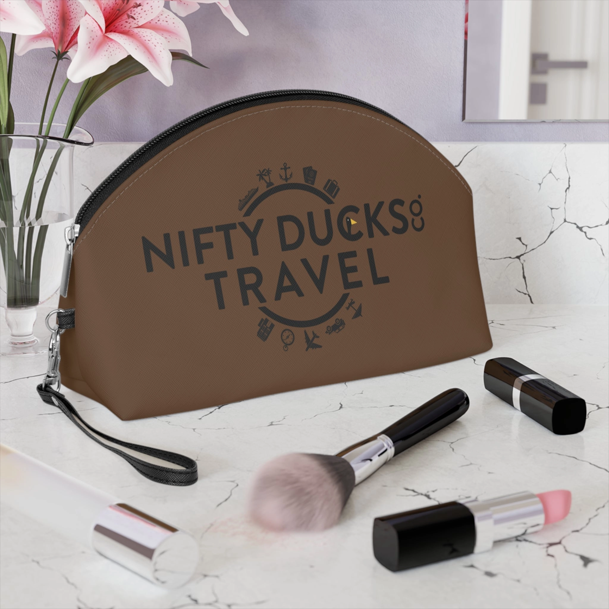 Nifty Ducks Travel Makeup Bag - Fun & Functional Travel Accessory - Brown