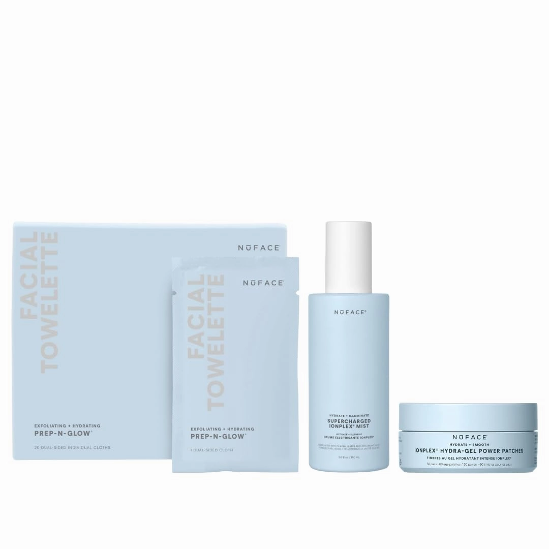NuFACE Hydration Bundle - Includes IonPlex Hydra-Gel Power Patches, Supercharged IonPlex Facial Mist, & Prep-N-Glow Facial Towelettes - Lock in Moisture and Enhance Microcurrent Treatment (3 Count)
