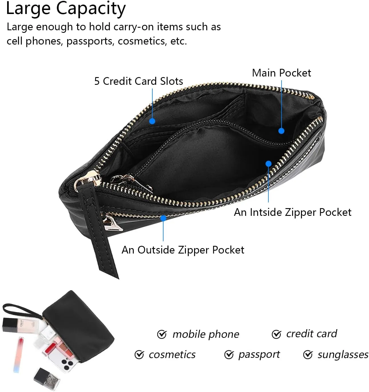 Nylon Wristbands Bag Makeup Pouch for Purse Waterproof Wristbands Bag with Zipper Pocket Credit Card Pouch