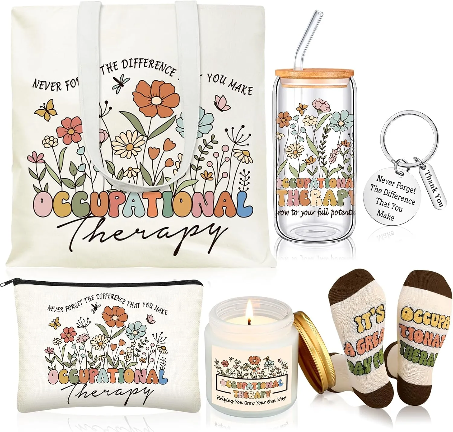 Occupational Therapy Appreciation Gifts for Women, OT Thank You 17 oz Glass Cup Canvas Tote Makeup Bag, Birthday Gifts Set for Occupational Therapist