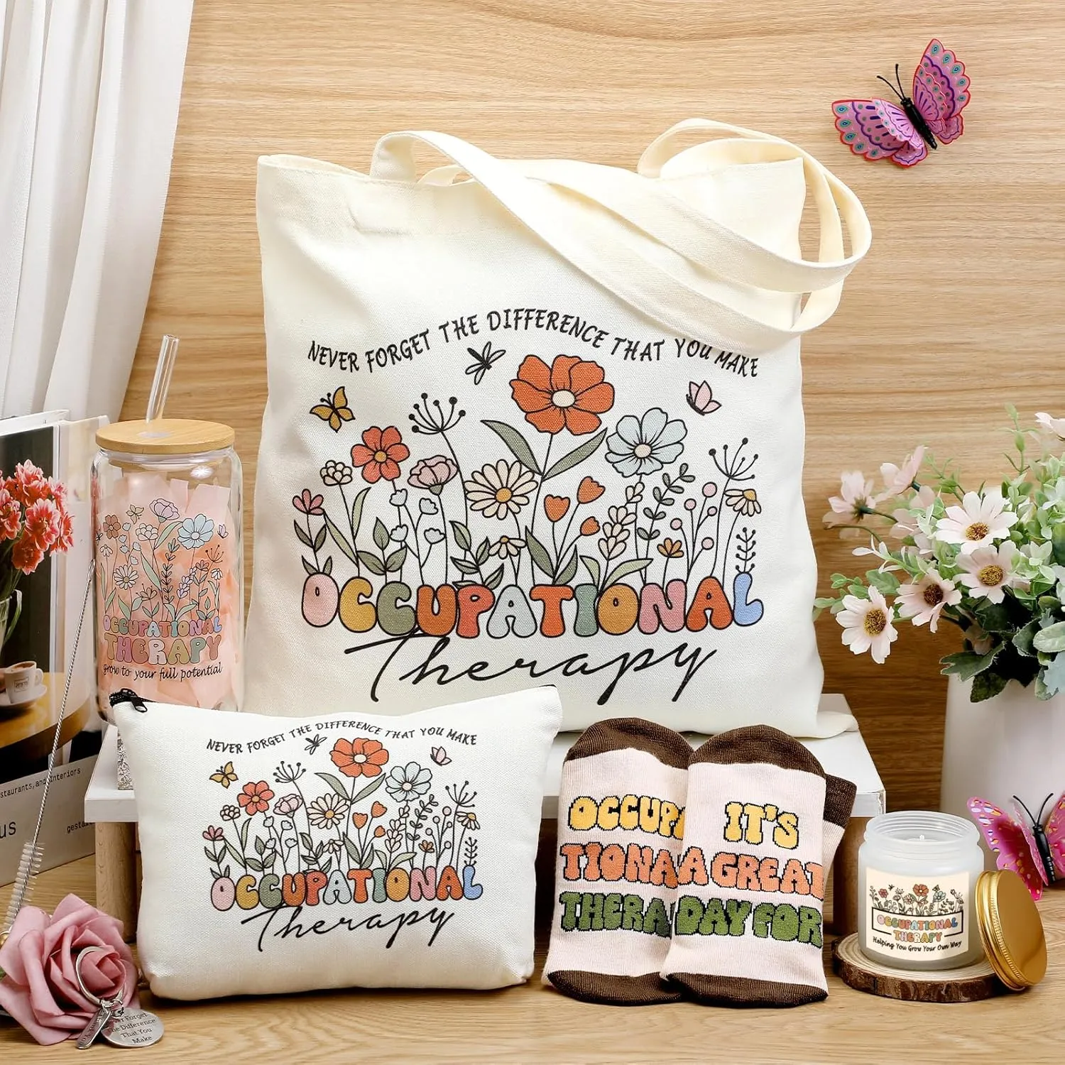 Occupational Therapy Appreciation Gifts for Women, OT Thank You 17 oz Glass Cup Canvas Tote Makeup Bag, Birthday Gifts Set for Occupational Therapist